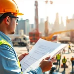 New York Construction Manager supervising a busy construction site with urban skyline in background.