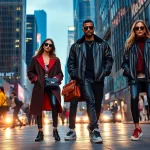 Models showcasing trendy high-end streetwear in a vibrant urban setting.