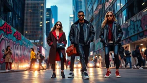 Models showcasing trendy high-end streetwear in a vibrant urban setting.