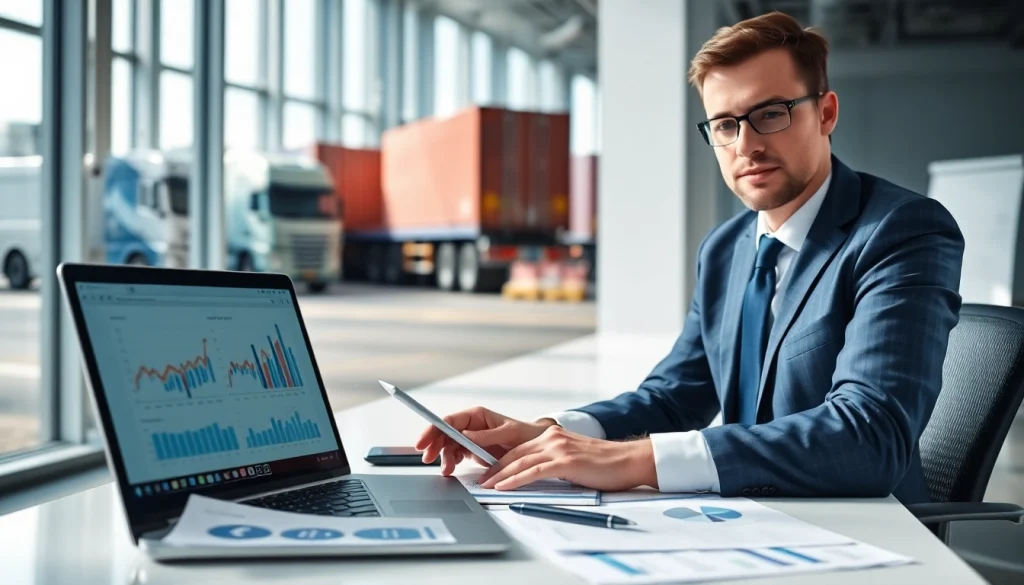 Księgowość dla firmy transportowej z profesjonalnym księgowym w pracy, z wykresami finansowymi i elementami transportu.