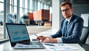 Księgowość dla firmy transportowej z profesjonalnym księgowym w pracy, z wykresami finansowymi i elementami transportu.