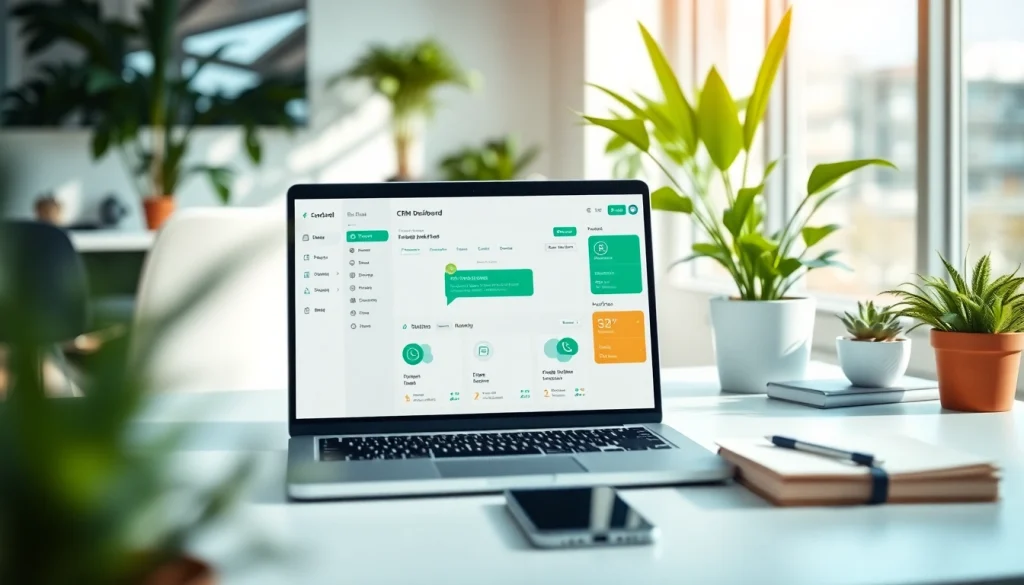 Showcase of what a CRM for WhatsApp looks like on a laptop screen in a sleek office.