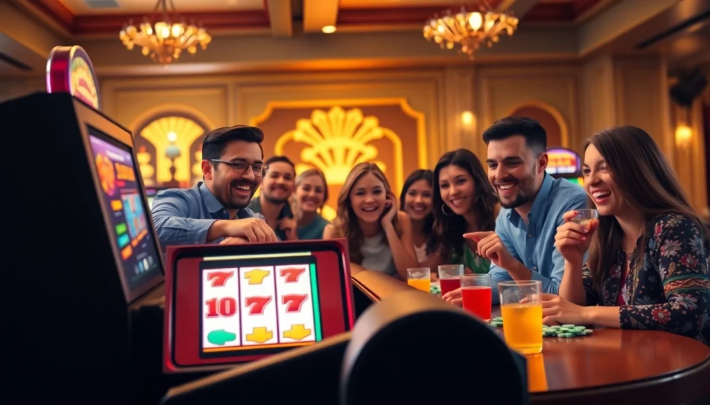 Permainan slot depo 1k dengan pemain yang antusias di kasino yang ceria