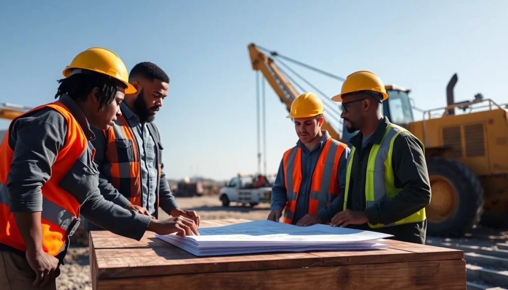 Construction workforce development with diverse workers collaborating on site and reviewing blueprints.