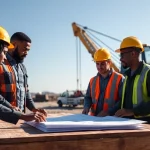 Construction workforce development with diverse workers collaborating on site and reviewing blueprints.