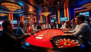 Experience the excitement of https://w88com.us/ with players engaging at a vibrant casino table surrounded by poker chips and cards.