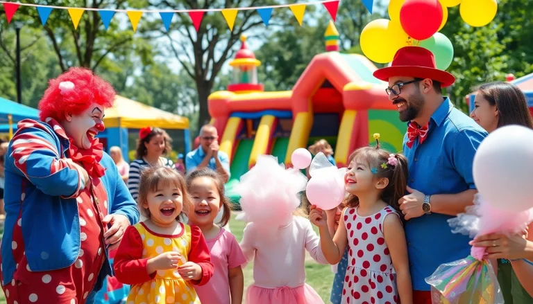 Children enjoying a lively event at https://www.tcspecialentertainment4u.com, surrounded by entertainers and colorful decorations.