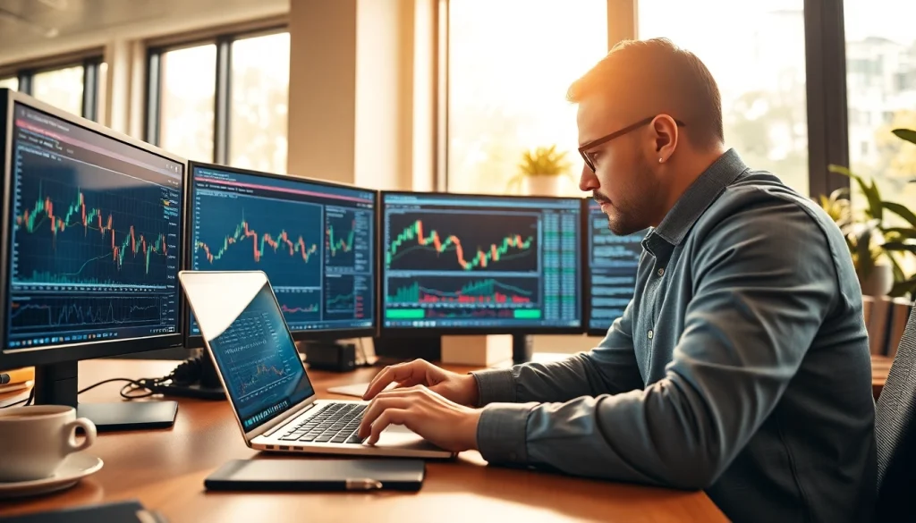 Trader focused on charts using hotforex mt4 platform in a modern office environment.