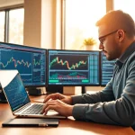 Trader focused on charts using hotforex mt4 platform in a modern office environment.