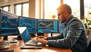 Trader focused on charts using hotforex mt4 platform in a modern office environment.