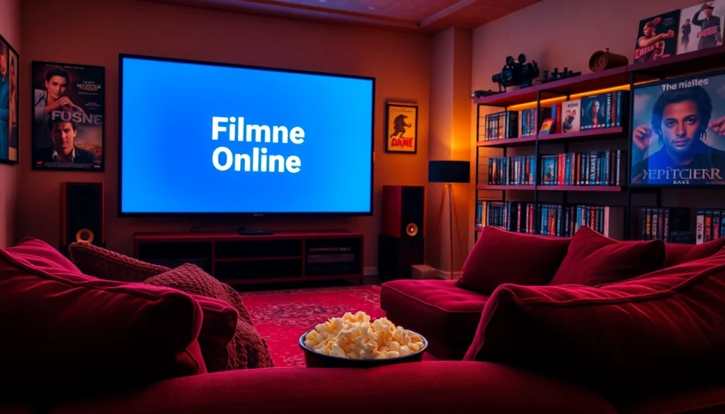 Enjoy a cozy home cinema experience for filme online enthusiasts with popcorn and a large screen.