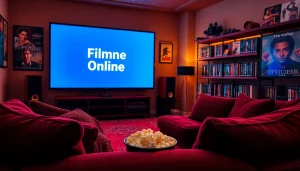 Enjoy a cozy home cinema experience for filme online enthusiasts with popcorn and a large screen.