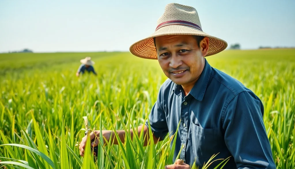Petani toto mengelola sawah hijau subur dengan alat pertanian tradisional.