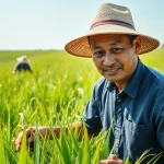 Petani toto mengelola sawah hijau subur dengan alat pertanian tradisional.