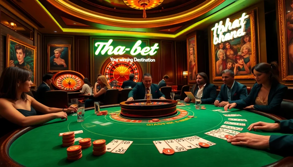 Players enjoying an exhilarating game of poker at Tha bet casino under soft lighting with vibrant colors.