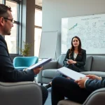 Engaged client consulting with a skilled business coach near me in a modern office environment.