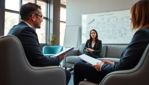 Engaged client consulting with a skilled business coach near me in a modern office environment.