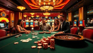 Exciting Go8 gaming scene inside a luxurious casino showcasing vibrant tables and players.