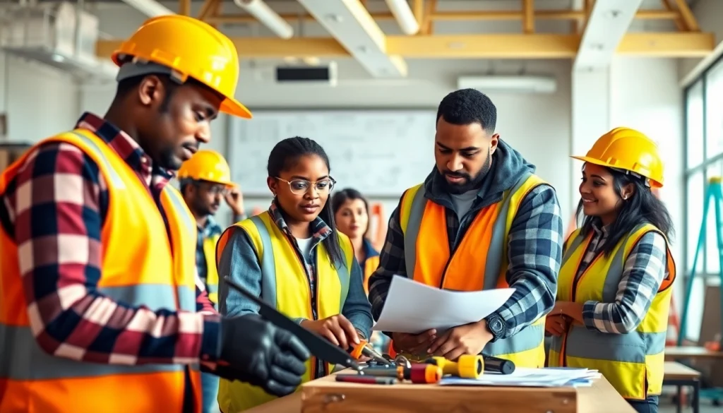 Engaging scene showcasing construction workforce development training with diverse participants collaborating on a project.