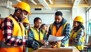 Engaging scene showcasing construction workforce development training with diverse participants collaborating on a project.