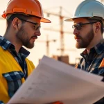 Engaging professional showcasing careers in construction with blueprints on an active site.