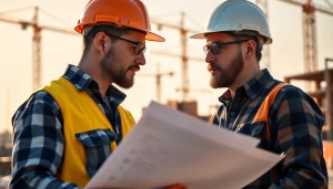 Engaging professional showcasing careers in construction with blueprints on an active site.