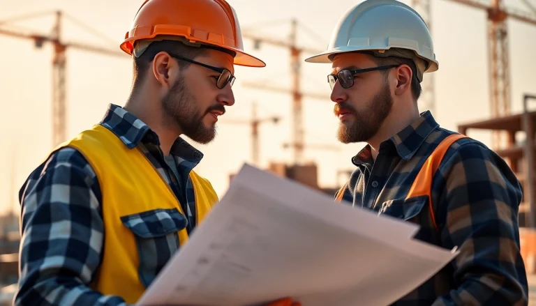 Engaging professional showcasing careers in construction with blueprints on an active site.