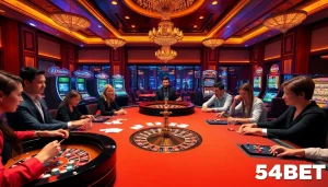 Experience the excitement at 54BET casino with players enjoying various games and vibrant slot machines.