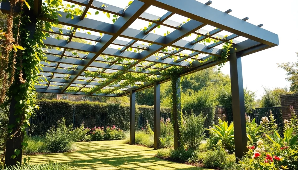 Enjoy the beauty of a modern steel pergola enhancing your outdoor experience with elegant design.