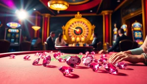 Gambling scene with players at a poker table, showcasing 粉紅鑽石 and casino elements.