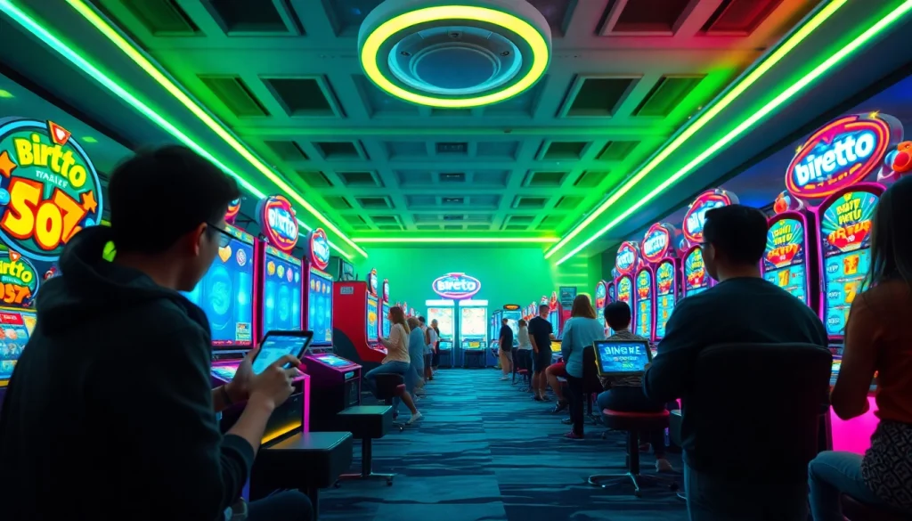 Adegan permainan slot online Birutoto yang penuh warna dengan gulungan animasi dan pemain yang bersemangat.