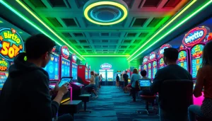 Adegan permainan slot online Birutoto yang penuh warna dengan gulungan animasi dan pemain yang bersemangat.