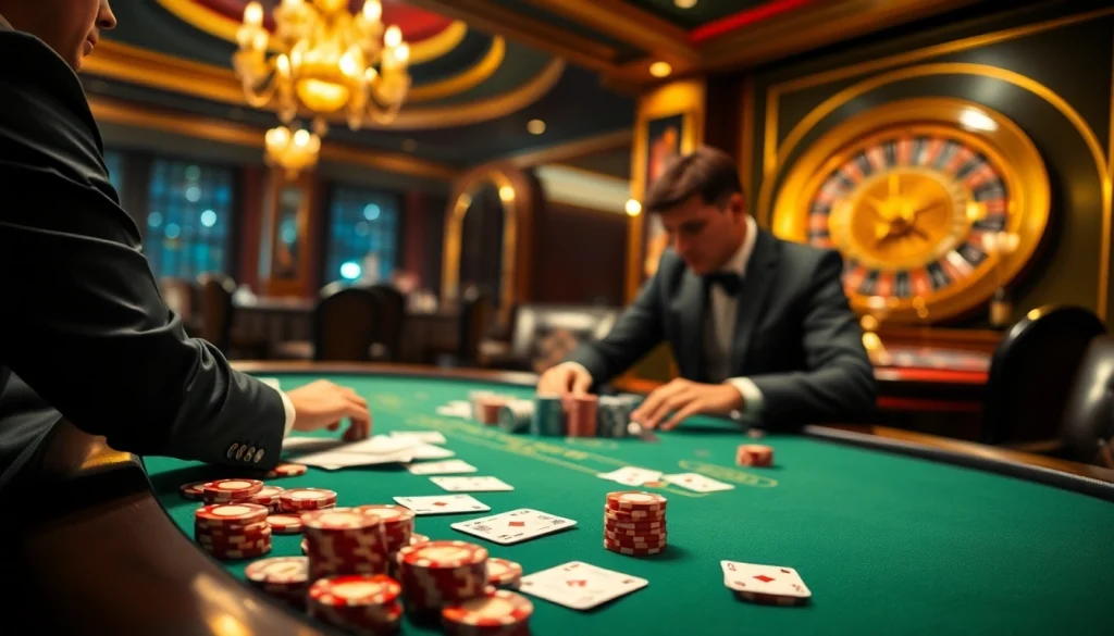 Action at the Nhà cái OK365 poker table, highlighting thrilling gameplay and luxury in gambling.