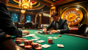 Action at the Nhà cái OK365 poker table, highlighting thrilling gameplay and luxury in gambling.
