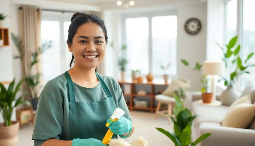 Myanmar maid efficiently organizing a family living space, showcasing professionalism and warmth.