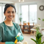 Myanmar maid efficiently organizing a family living space, showcasing professionalism and warmth.