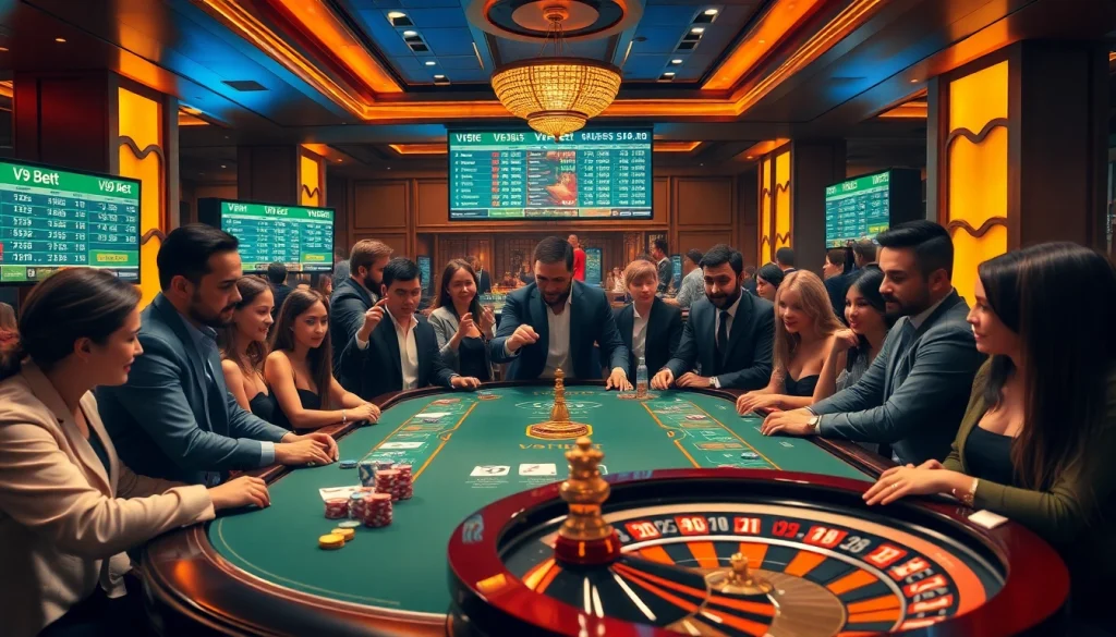 Players enjoying a thrilling game at a luxurious casino table with V9 bet gaming elements.