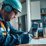 Leak Detection Specialist using advanced tools in a bright residential environment.