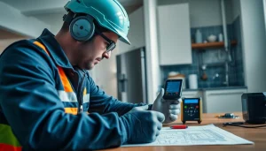 Leak Detection Specialist using advanced tools in a bright residential environment.