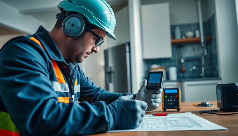 Leak Detection Specialist using advanced tools in a bright residential environment.