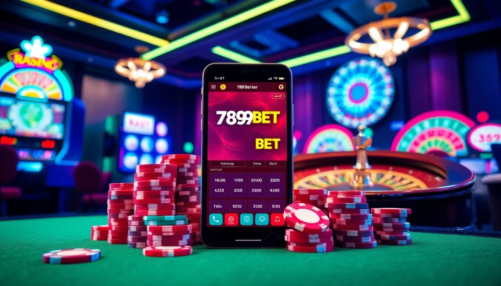 The 789BET app showcased in a vibrant casino environment filled with slot machines and poker chips.