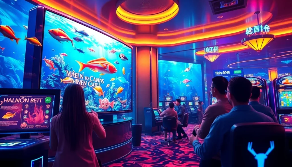 A captivating bắn cá đổi thưởng gaming scene with immersive 3D fish and interactive elements illustrating dynamic online gambling.