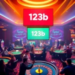 Excited players enjoying the spirited atmosphere at 123b Casino with vibrant slot machines and poker tables.