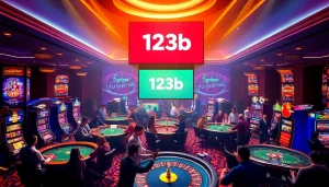 Excited players enjoying the spirited atmosphere at 123b Casino with vibrant slot machines and poker tables.