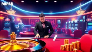 Experience the excitement of Trang Chủ MM88 with a vibrant online casino scene showing poker and slot games.