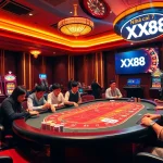 Players engage in high-stakes betting at Nhà cái XX88's vibrant casino table, creating an exciting atmosphere.