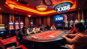 Players engage in high-stakes betting at Nhà cái XX88's vibrant casino table, creating an exciting atmosphere.