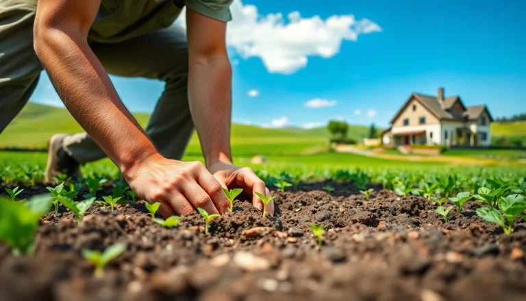 Petani toto menanam benih di ladang subur, menggambarkan pertanian berkelanjutan.
