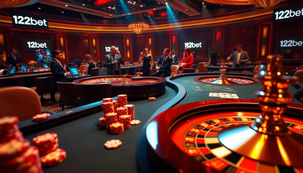 Intense poker game at a luxurious table featuring 12bet branding and vibrant casino elements.