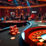 Intense poker game at a luxurious table featuring 12bet branding and vibrant casino elements.